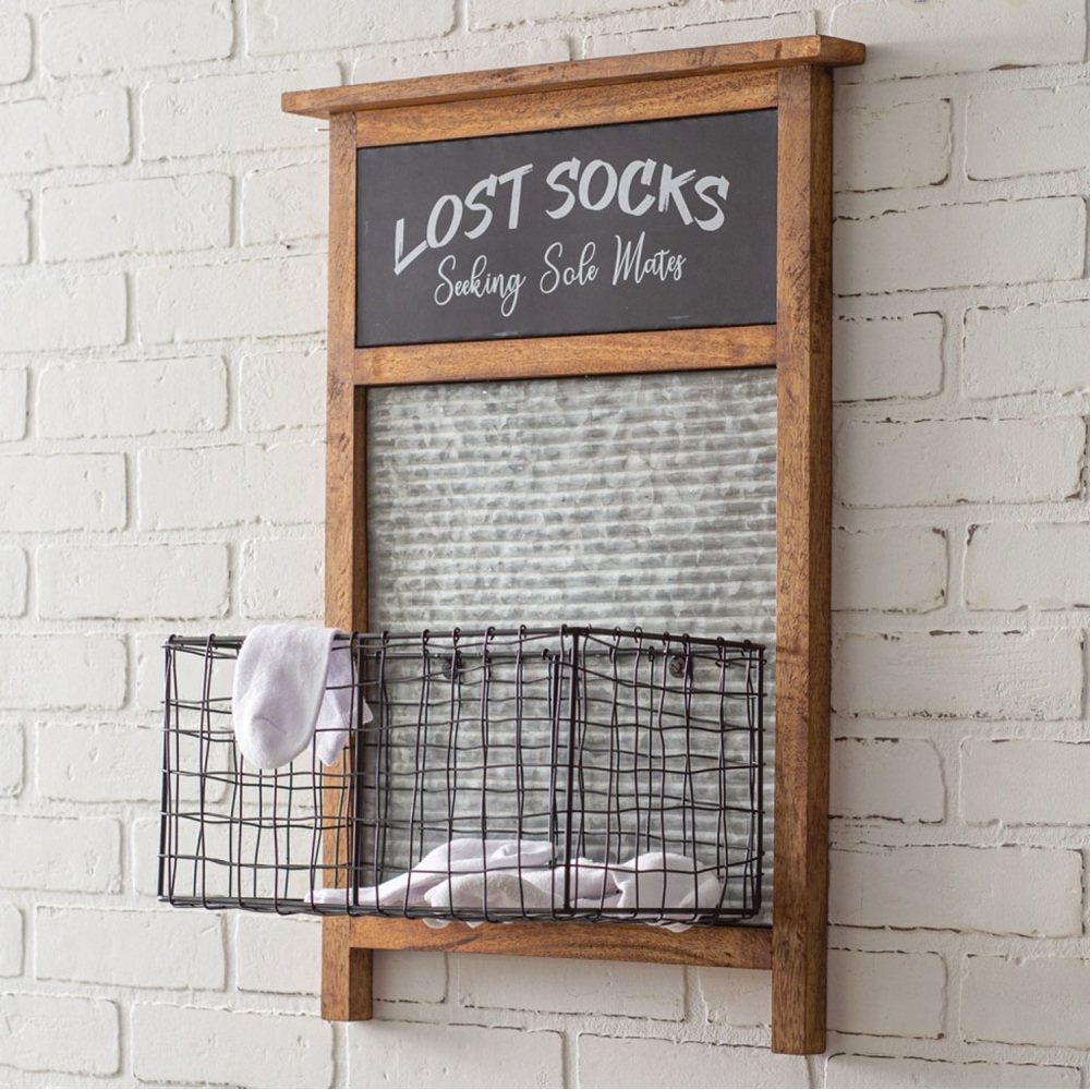 *SOLD* Wooden Lost Socks Holder with Wire Basket and Galvanized Faux Washboard